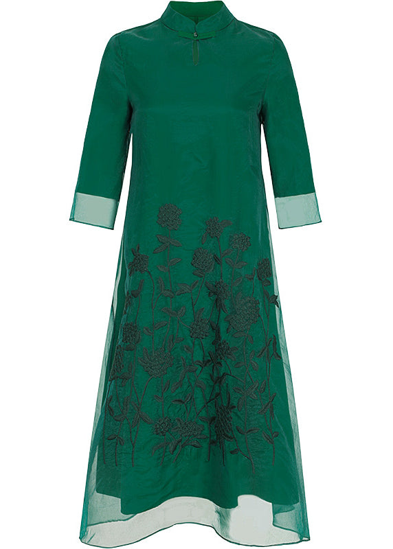 Elegant Green Stand Collar Embroidered Floral Button Tulle Long Dresses Half Sleeve