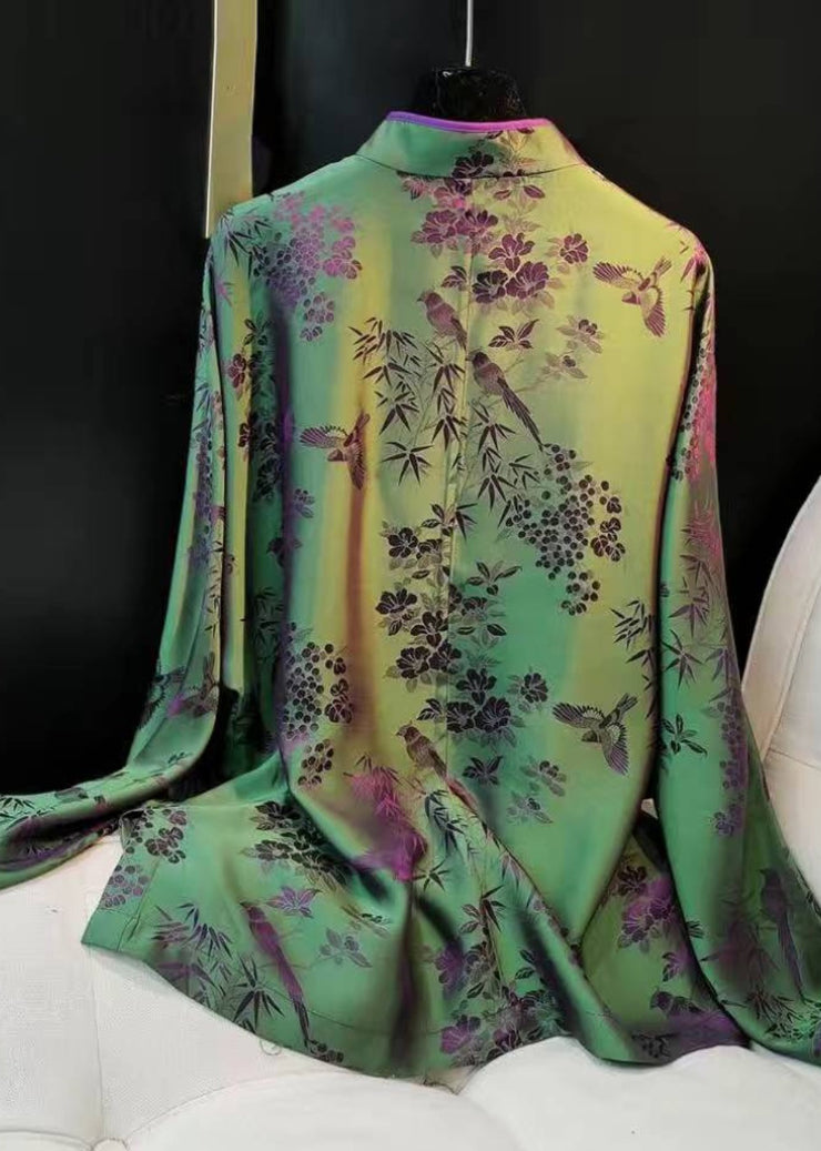Elegant Green Stand Collar Patchwork Jacquard side open Silk Shirts Long Sleeved