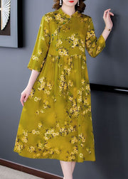 Elegant Green Stand Collar Print Silk Cheongsam Dress Bracelet Sleeve
