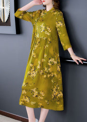 Elegant Green Stand Collar Print Silk Cheongsam Dress Bracelet Sleeve