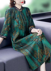 Elegant Green Stand Collar Print Silk Dress Half Sleeve