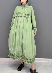 Elegant Green Stand Collar Ruffled Tulle Patchwork Button Maxi Dress Winter