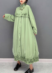 Elegant Green Stand Collar Ruffled Tulle Patchwork Button Maxi Dress Winter
