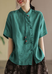 Elegantes grünes Leinenhemd mit Stehkragen und Quaste, asymmetrisches Design, kurze Ärmel