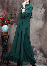 Elegantes grünes asymmetrisches Design mit Stehkragen im Herbst-Strickpulloverkleid
