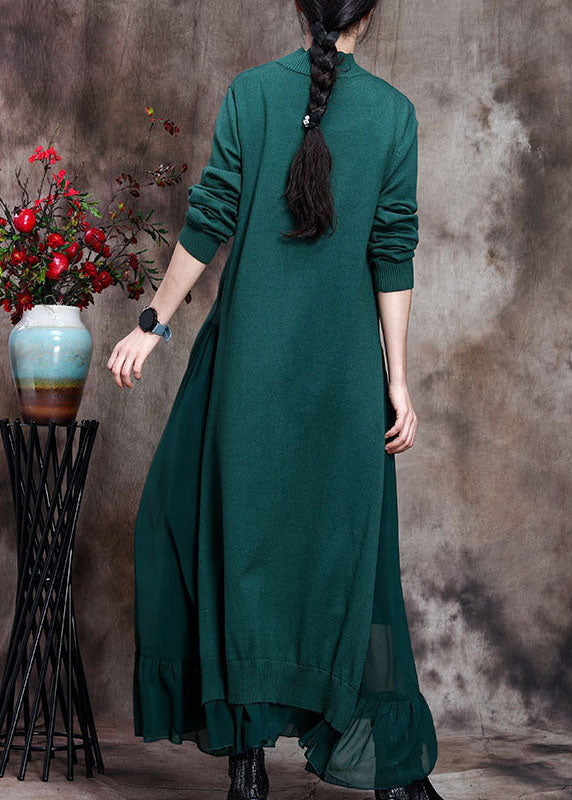 Elegant Green Stand Collar asymmetrical design Fall Knit Sweater Dress