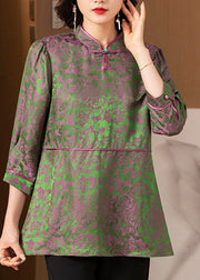 Elegant Green Stand Collar print Patchwork Silk Tops Three Quarter sleeve