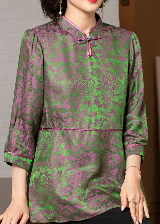 Elegant Green Stand Collar print Patchwork Silk Tops Three Quarter sleeve