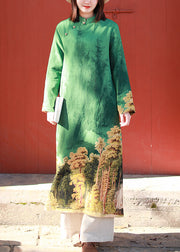 Elegante grüne Stehkragenseite mit offenem Druck Kleider mit langen Ärmeln
