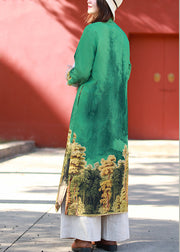 Elegante grüne Stehkragenseite mit offenem Druck Kleider mit langen Ärmeln