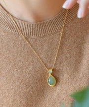 Elegant Green Sterling Silver 18K Gold Inlaid Jade Pendant Necklace