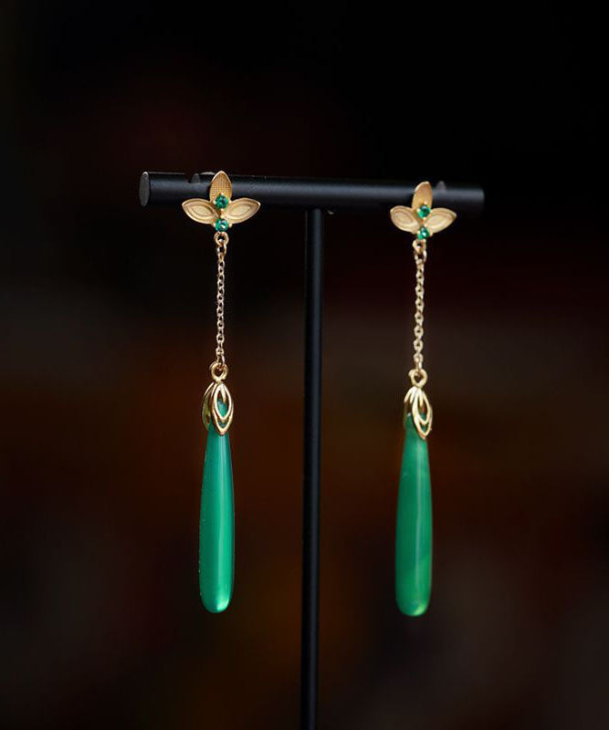 Elegant Green Sterling Silver Green Agate Water Drop Tassel Drop Earrings