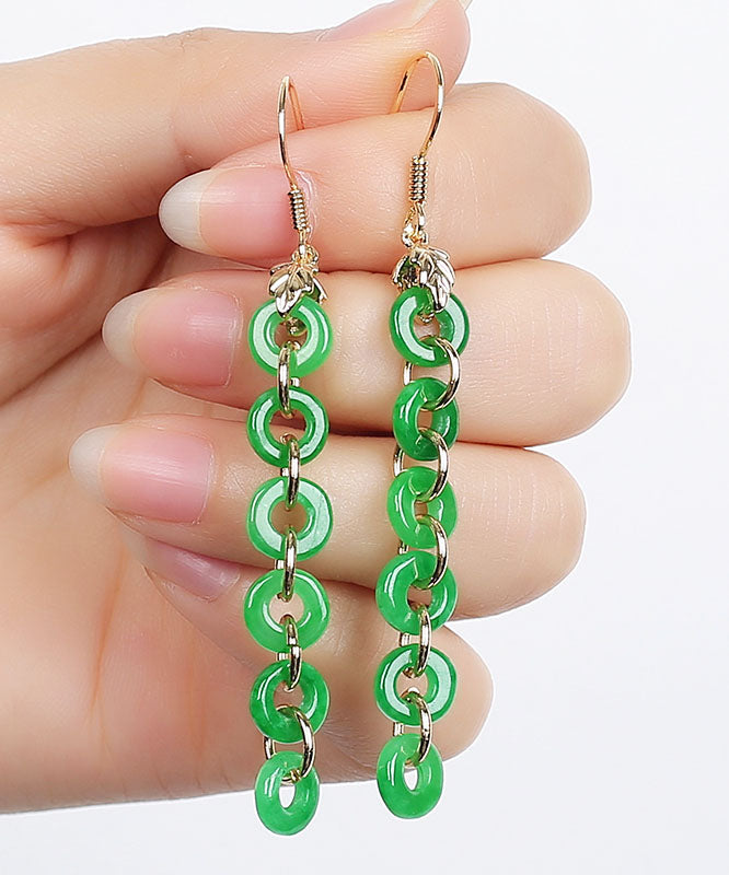 Elegant Green Sterling Silver Overgild Dry Green Jade Drop Earrings