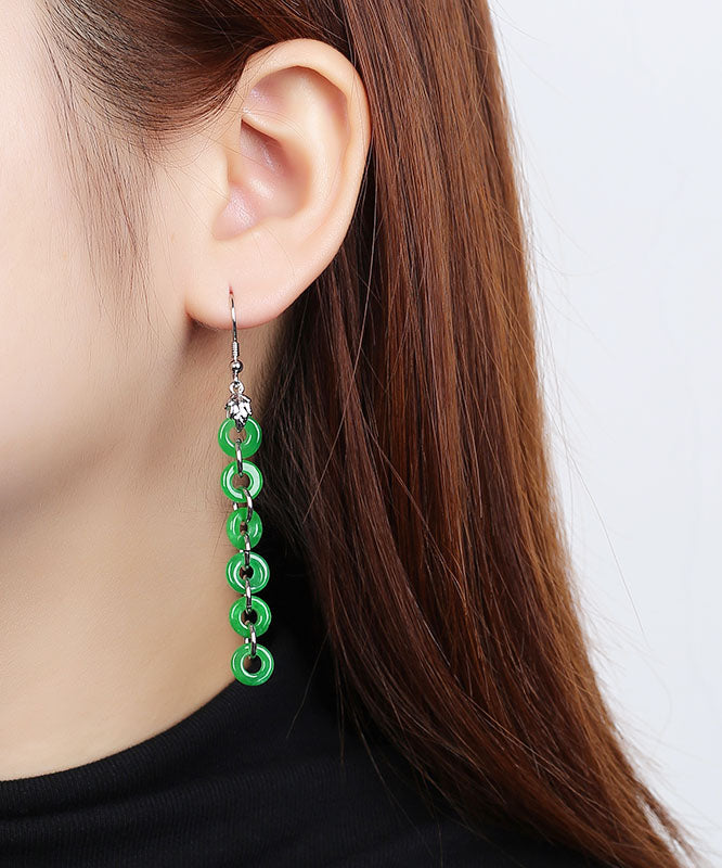 Elegant Green Sterling Silver Overgild Dry Green Jade Drop Earrings