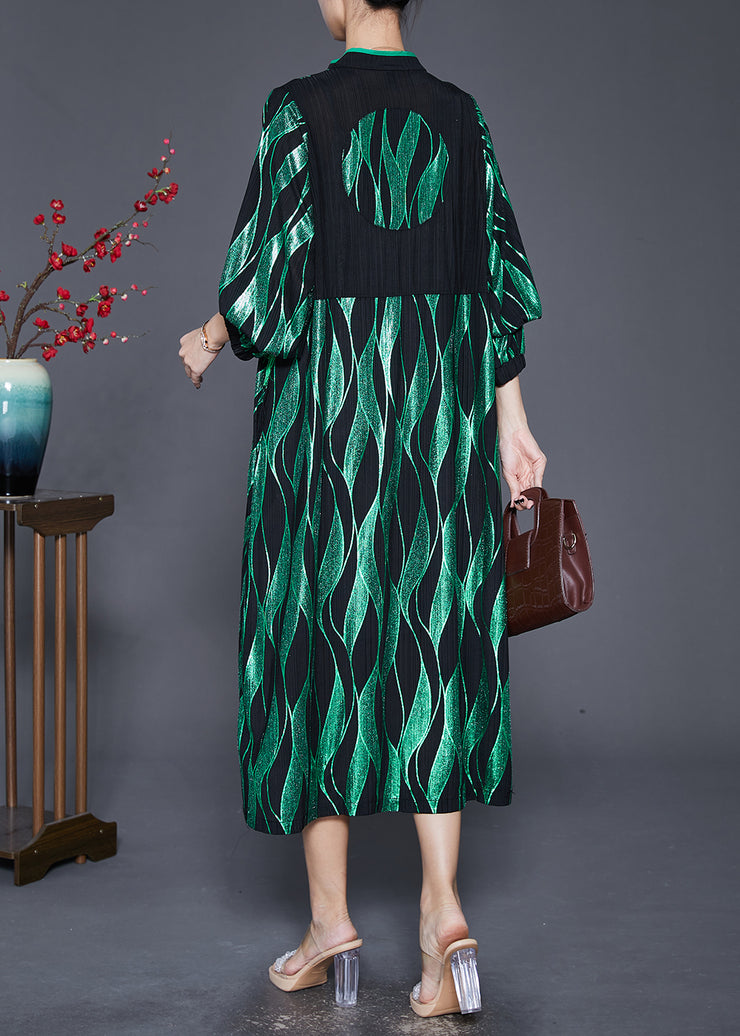 Elegant Green Striped Tasseled Chinese Button Silk Maxi Dresses Fall