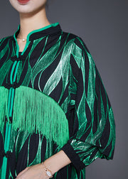 Elegant Green Striped Tasseled Chinese Button Silk Maxi Dresses Fall