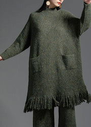 Elegant Green Tasseled Patchwork Wool Knitting Dress Winter