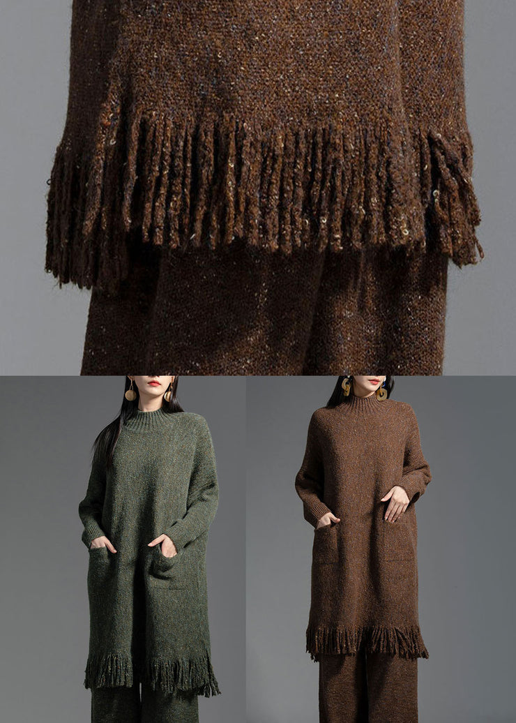Elegant Green Tasseled Patchwork Wool Knitting Dress Winter
