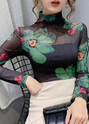 Elegant Green Turtleneck Print Lace Tulle Warm Fleece Thick Tops Bottoming Shirt