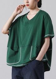Elegant Green V Neck  Short Sleeve Cotton Shirt - SooLinen