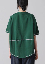 Elegant Green V Neck  Short Sleeve Cotton Shirt - SooLinen
