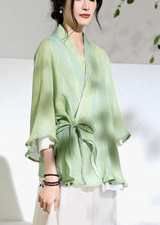 Elegant Green V Neck Butterfly Sleeve Tie Waist Summer Linen Tops - SooLinen