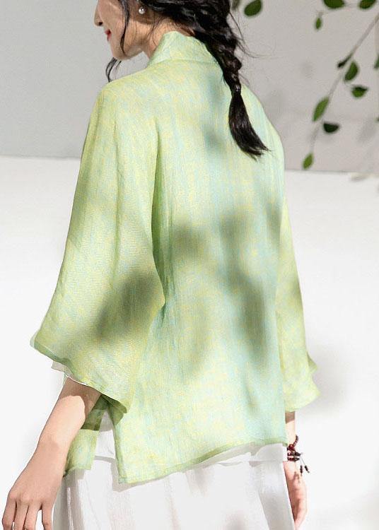 Elegant Green V Neck Butterfly Sleeve Tie Waist Summer Linen Tops - SooLinen