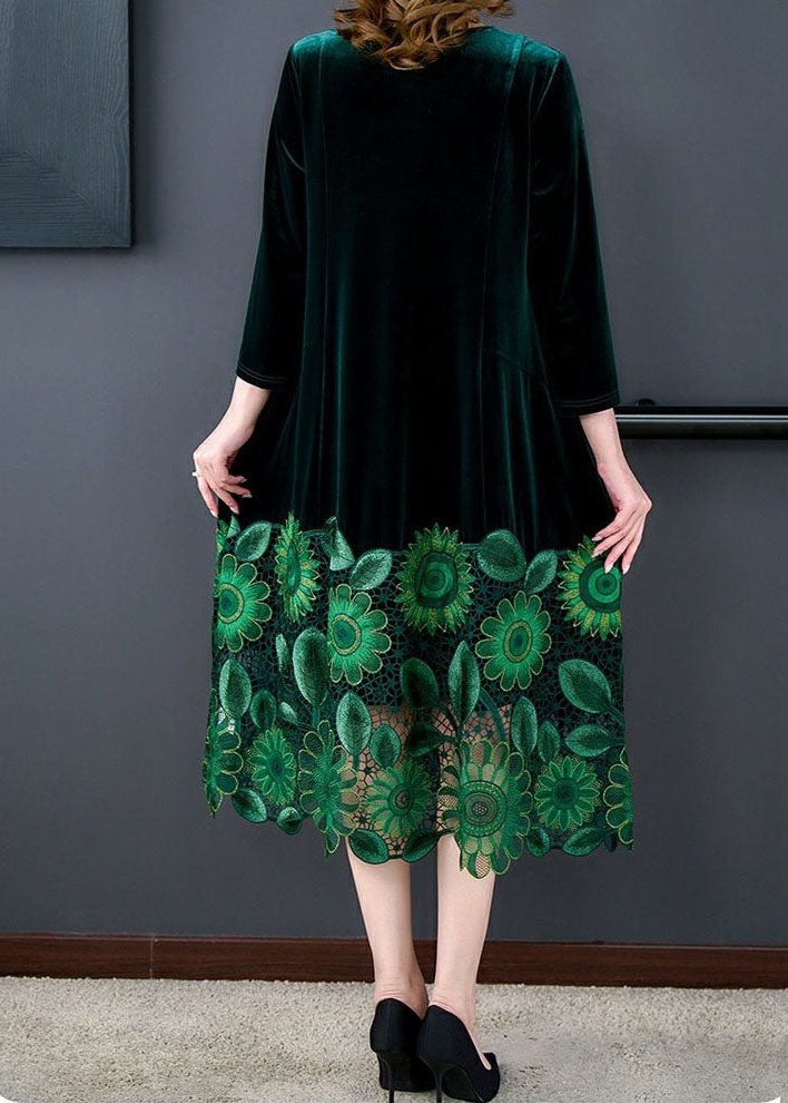 Elegant Green V Neck Embroidered Patchwork Silk Velour Dresses Spring