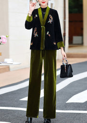 Elegant Green V Neck Embroidered Silk Velour Coats And Pants Two Piece Set Fall