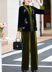 Elegant Green V Neck Embroidered Silk Velour Coats And Pants Two Piece Set Fall