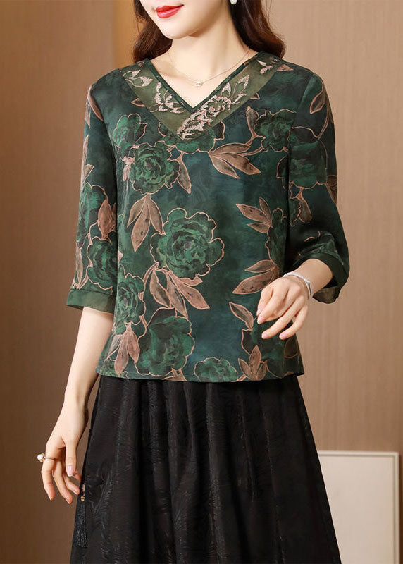 Elegant Green V Neck Jacquard Original Design Silk Two Pieces Set Summer