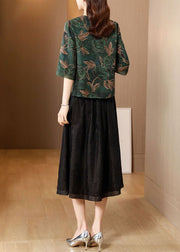 Elegant Green V Neck Jacquard Original Design Silk Two Pieces Set Summer