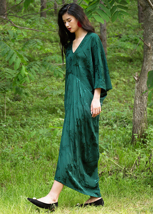 Elegant Green V Neck Jacquard Silk Robe Dresses Batwing Sleeve