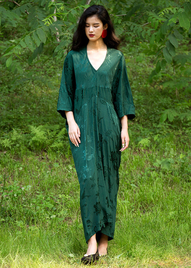 Elegant Green V Neck Jacquard Silk Robe Dresses Batwing Sleeve