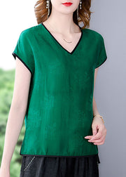 Elegant Green V Neck 2022 Jacquard Patchwork Silk Tanks Short Sleeve