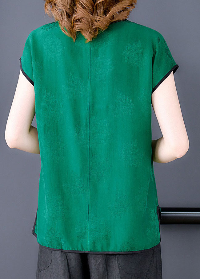Elegant Green V Neck 2022 Jacquard Patchwork Silk Tanks Short Sleeve