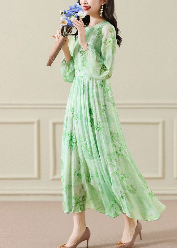 Elegant Green Wrinkled Print Chiffon Maxi Dress Long Sleeve