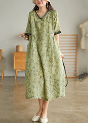 Elegant Green Wrinkled V Neck Patchwork Cotton Long Dress Short Sleeve