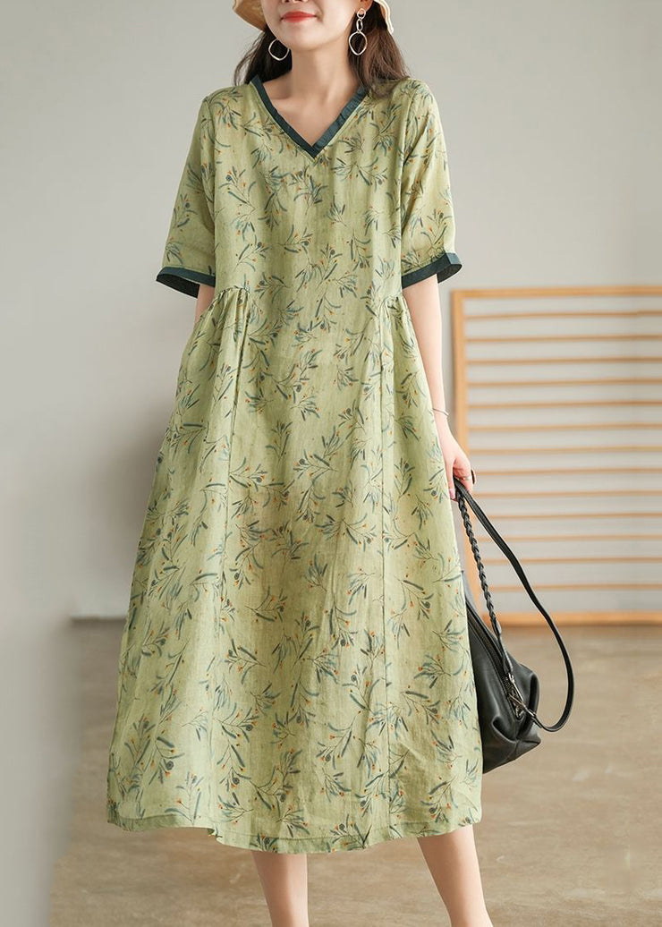 Elegant Green Wrinkled V Neck Patchwork Cotton Long Dress Short Sleeve