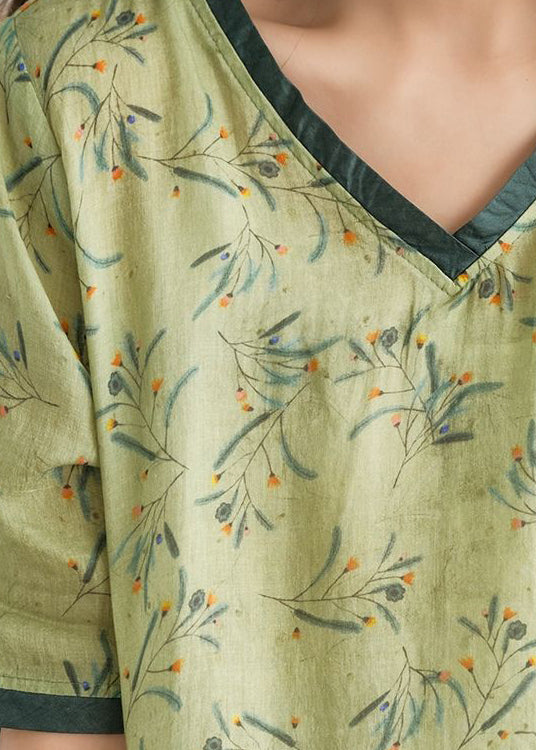 Elegantes, grünes, faltiges Patchwork-Baumwoll-Langarmkleid mit V-Ausschnitt und kurzen Ärmeln