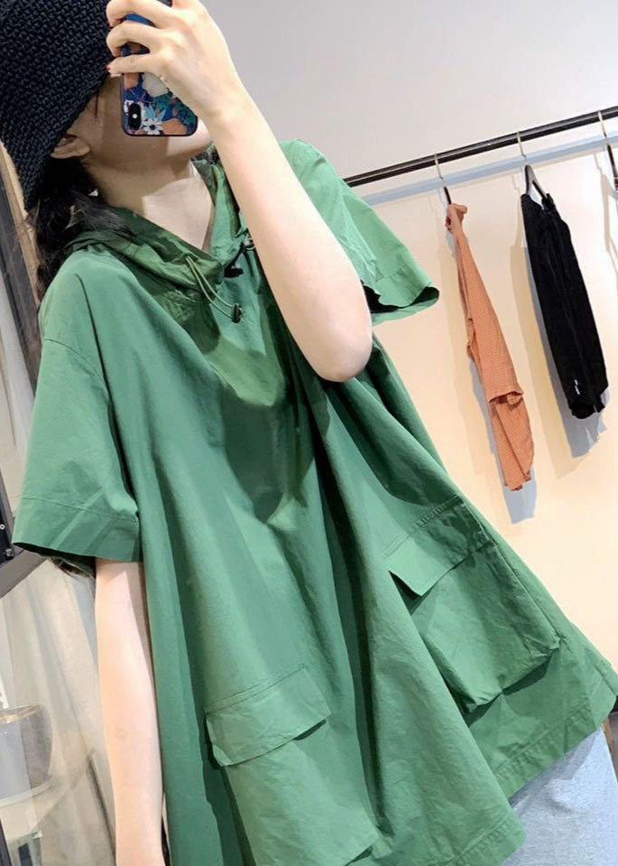 Elegant Green hooded Pockets drawstring Fall Short Sleeve Blouses