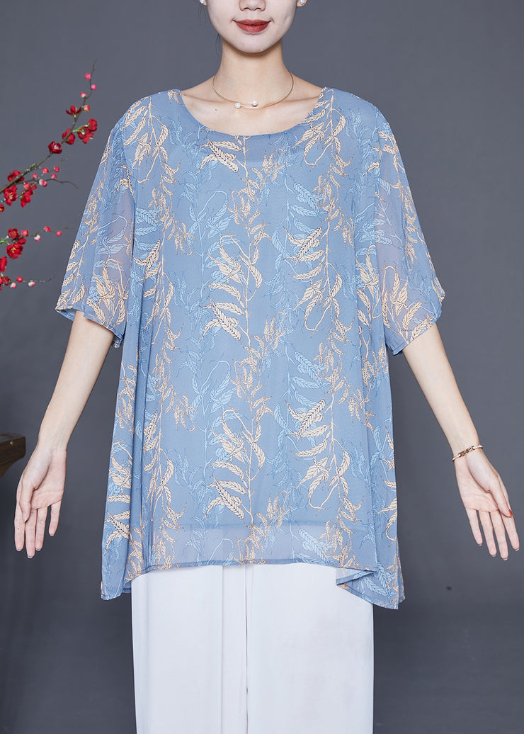Elegant Grey Blue Oversized Print Chiffon Shirt Tops Summer