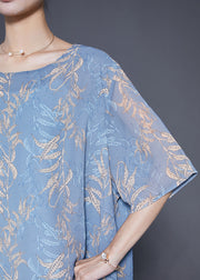 Elegant Grey Blue Oversized Print Chiffon Shirt Tops Summer