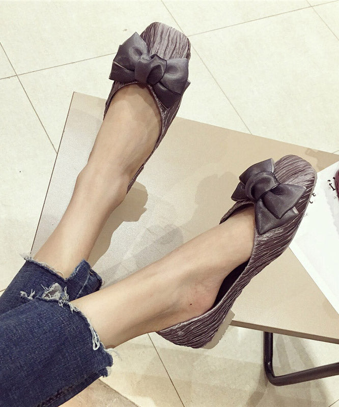 Elegant Grey Bow Pleated Penny Loafers Flats Shoes