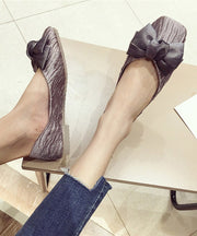 Elegant Grey Bow Pleated Penny Loafers Flats Shoes