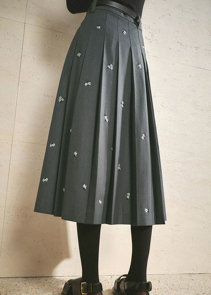 Elegant Grey Embroidered Cotton Pleated Skirt Spring