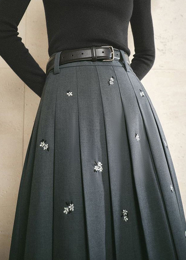 Elegant Grey Embroidered Cotton Pleated Skirt Spring