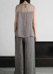 Elegant Grey Embroidered Hollow Out Tulle Patchwork Linen Two Piece Suit Set Sleeveless