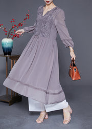 Elegant Grey Embroidered Tie Waist Silk Maxi Dresses Spring
