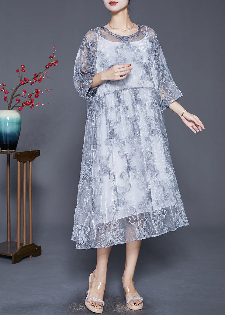 Elegant Grey Embroidered Tulle Robe Dresses Two Piece Set Summer